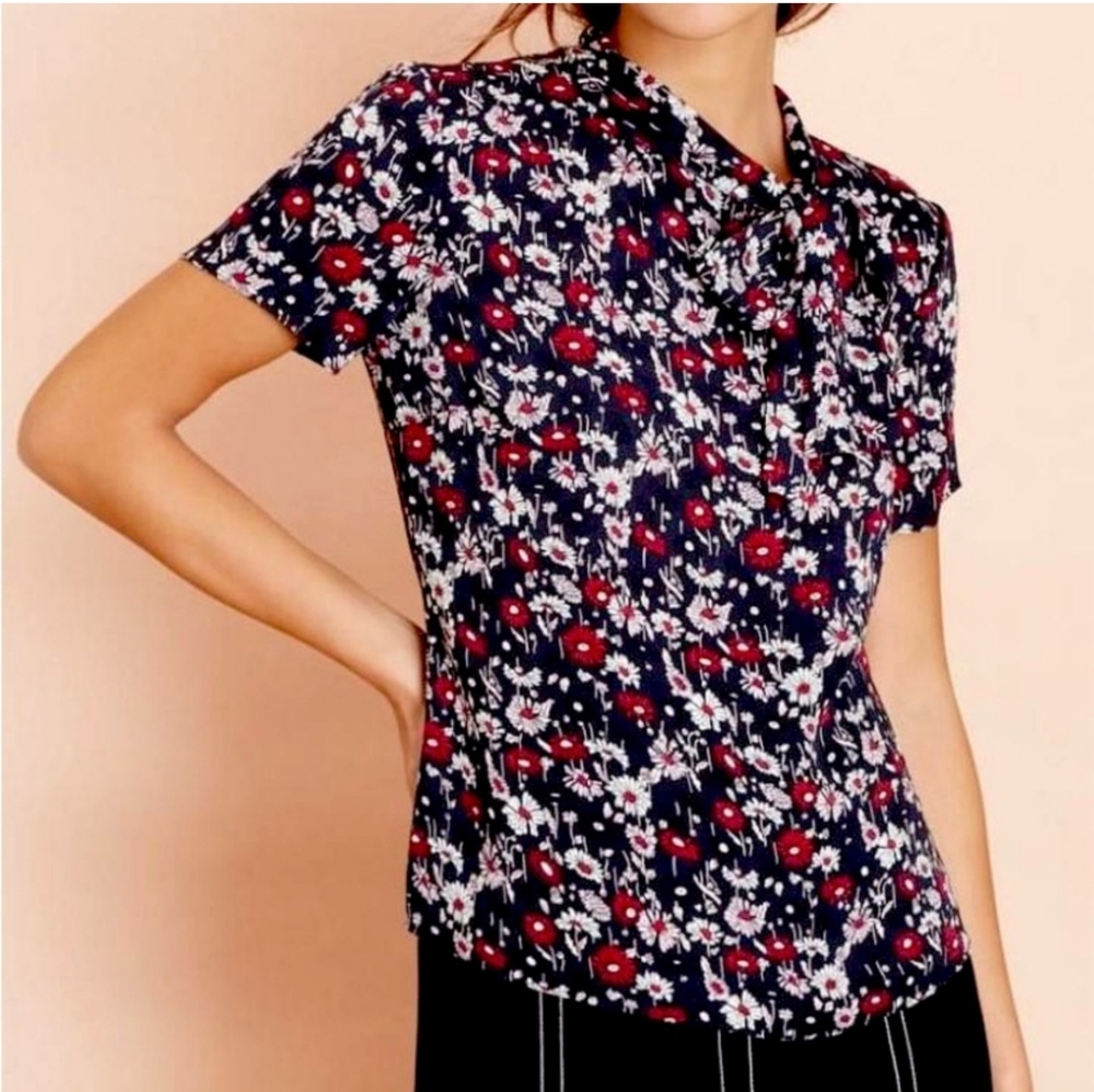 BROOKS BROTHERS Navy Floral Print Crepe Tie-Neck Short Sleeve Blouse